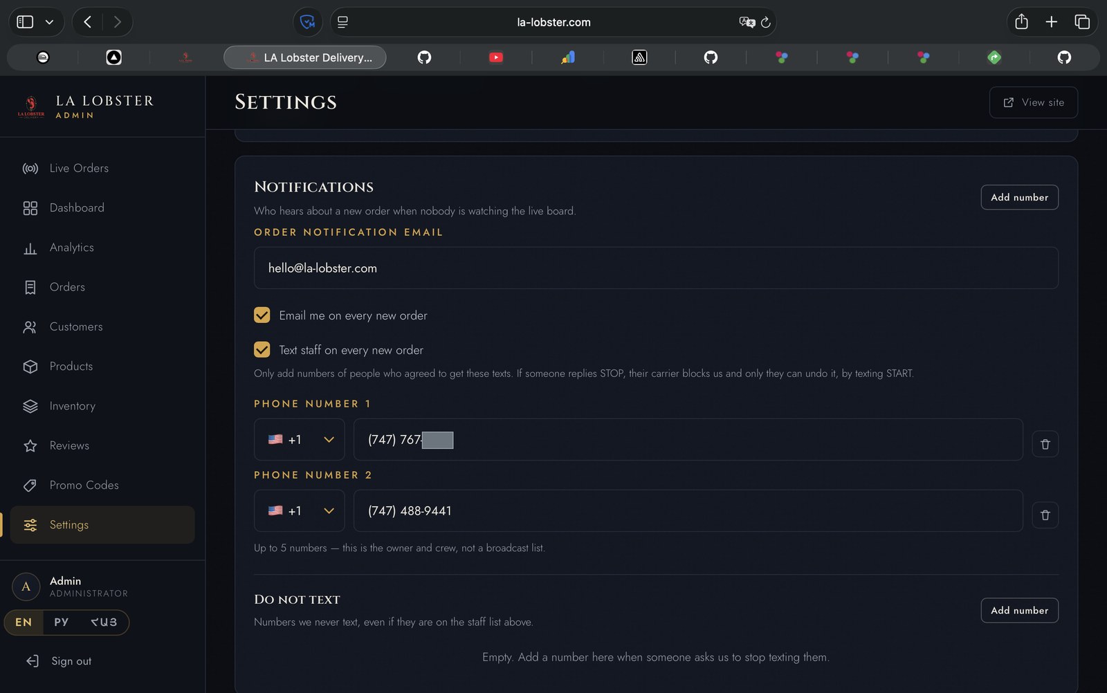 The admin Settings screen: the staff-alert toggle, the staff phone number list, and the do-not-text list.